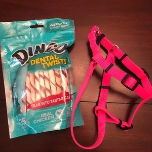 Dog bundle: hot pink harness and unopened chews